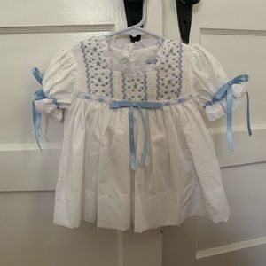 2 piece bloomer set. White blue floral smocking